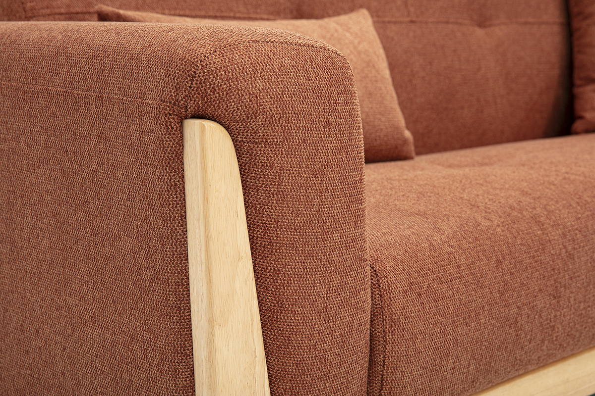 Canap� scandinave 3 places en tissu effet velours textur� terre br�l�e et bois clair FJORD