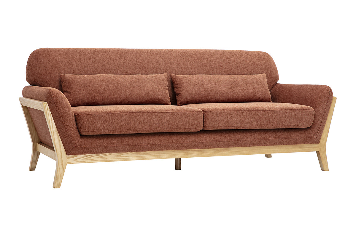 Canap� scandinave 3 places en tissu effet velours textur� terre br�l�e et bois clair YOKO