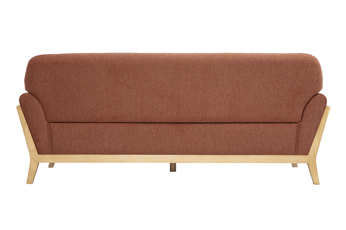 Canap� scandinave 3 places en tissu effet velours textur� terre br�l�e et bois clair YOKO