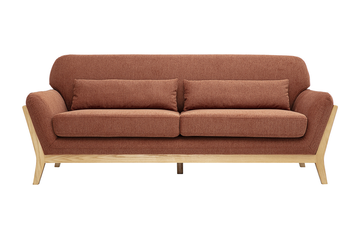 Canap� scandinave 3 places en tissu effet velours textur� terre br�l�e et bois clair YOKO