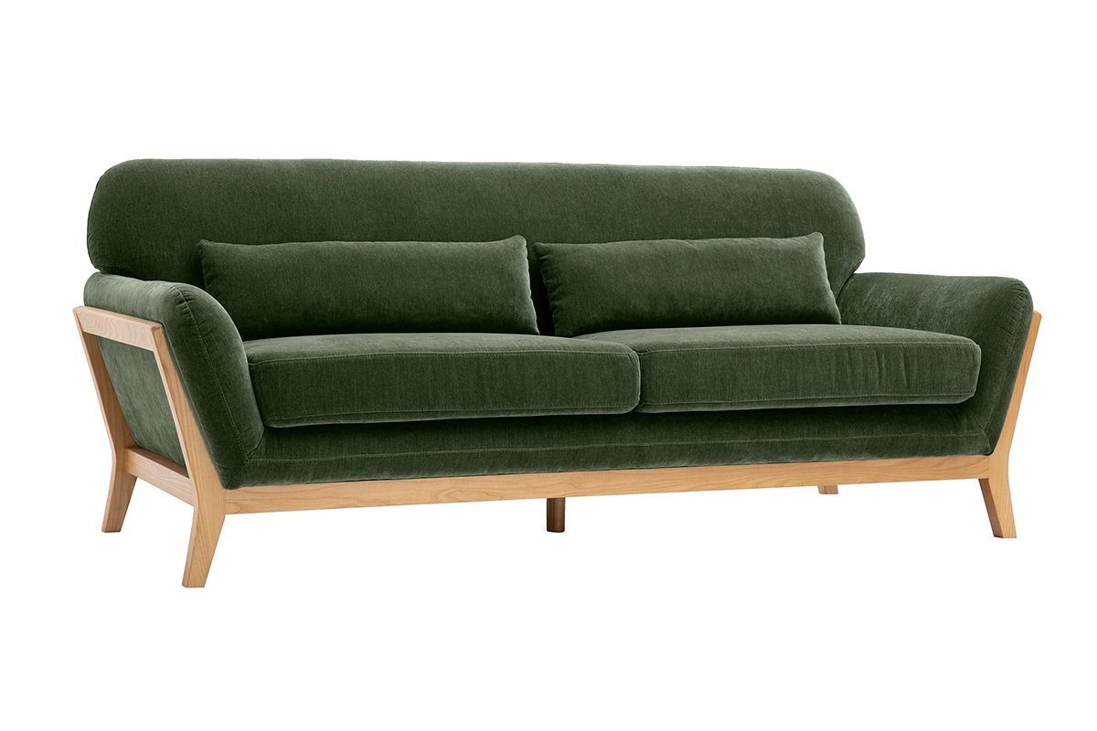 Canap� scandinave 3 places en tissu effet velours vert kaki et bois clair YOKO