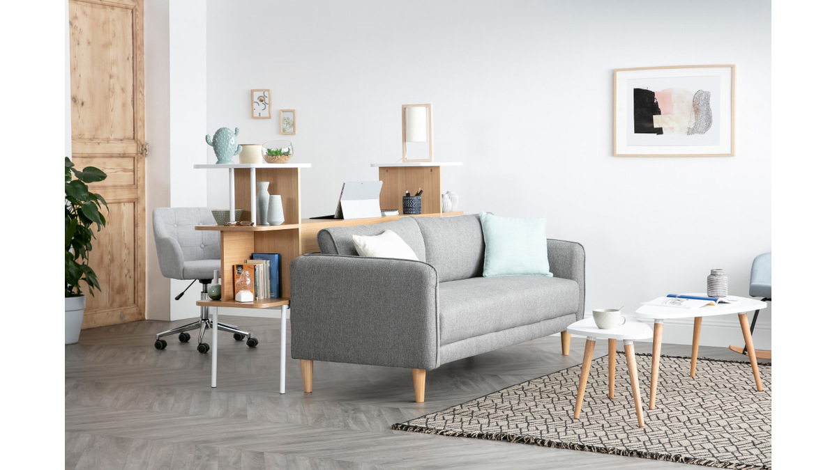 Canap scandinave 3 places en tissu gris clair et bois clair KURT