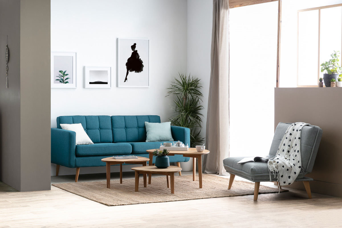 Canap� scandinave 3 places en tissu gris clair et bois ELFE