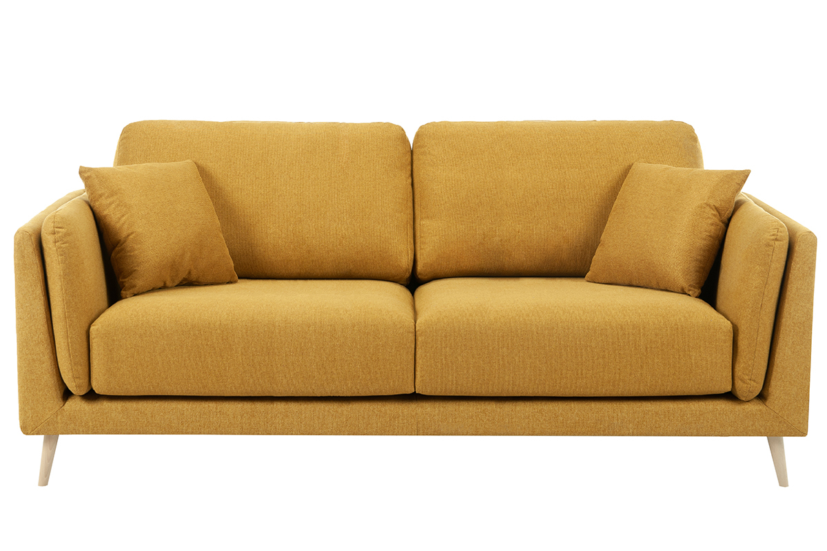 Canap scandinave 3 places en tissu jaune cumin et bois clair VOGUE