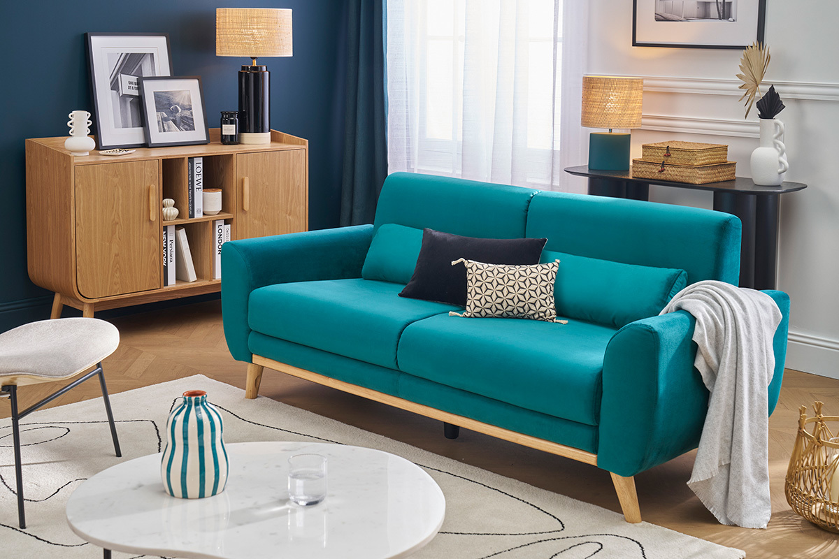 Canap� scandinave 3 places en tissu velours bleu p�trole et bois clair EKTOR