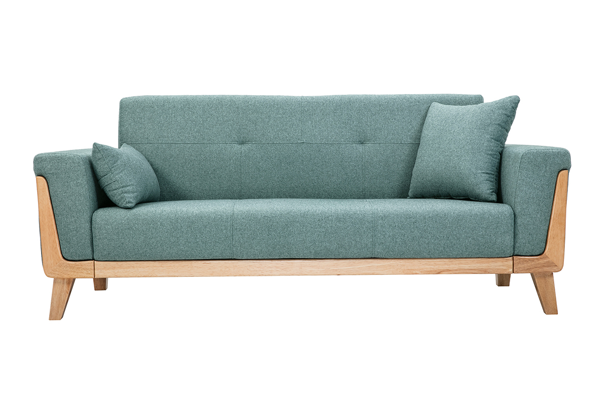 Canap scandinave 3 places en tissu vert de gris et bois clair FJORD