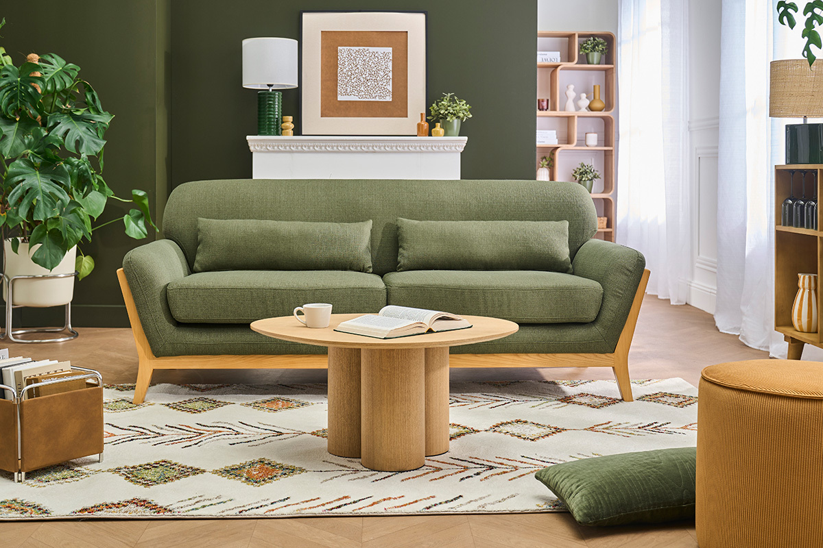 Canap� scandinave 3 places en tissu vert kaki et bois clair YOKO