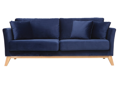 Canap&eacute; scandinave 3 places velours bleu nuit pieds bois OSLO