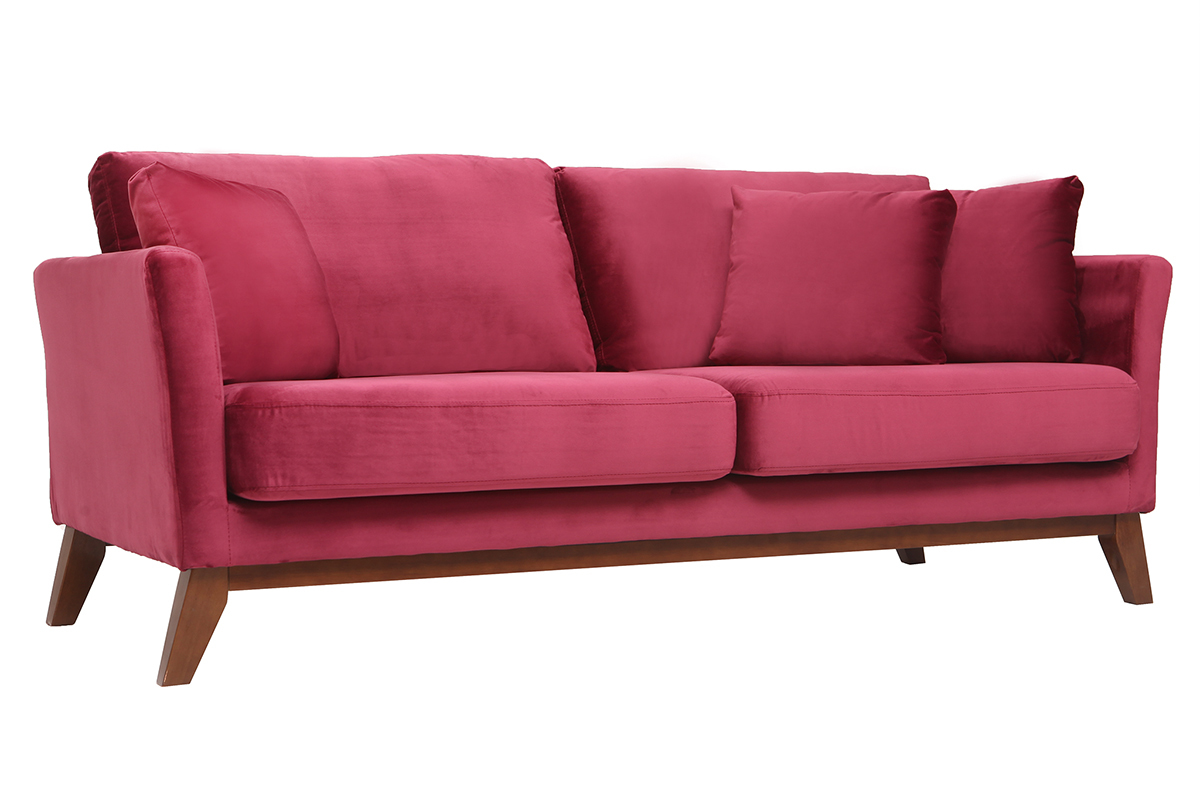 Canap� scandinave 3 places velours bordeaux pieds bois OSLO