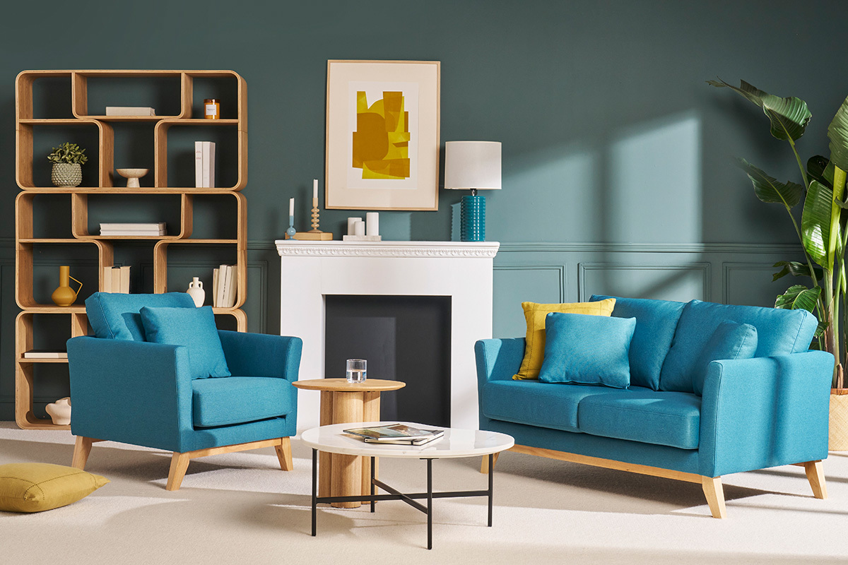 Canap scandinave dhoussable 2 places en tissu bleu canard et bois clair OSLO