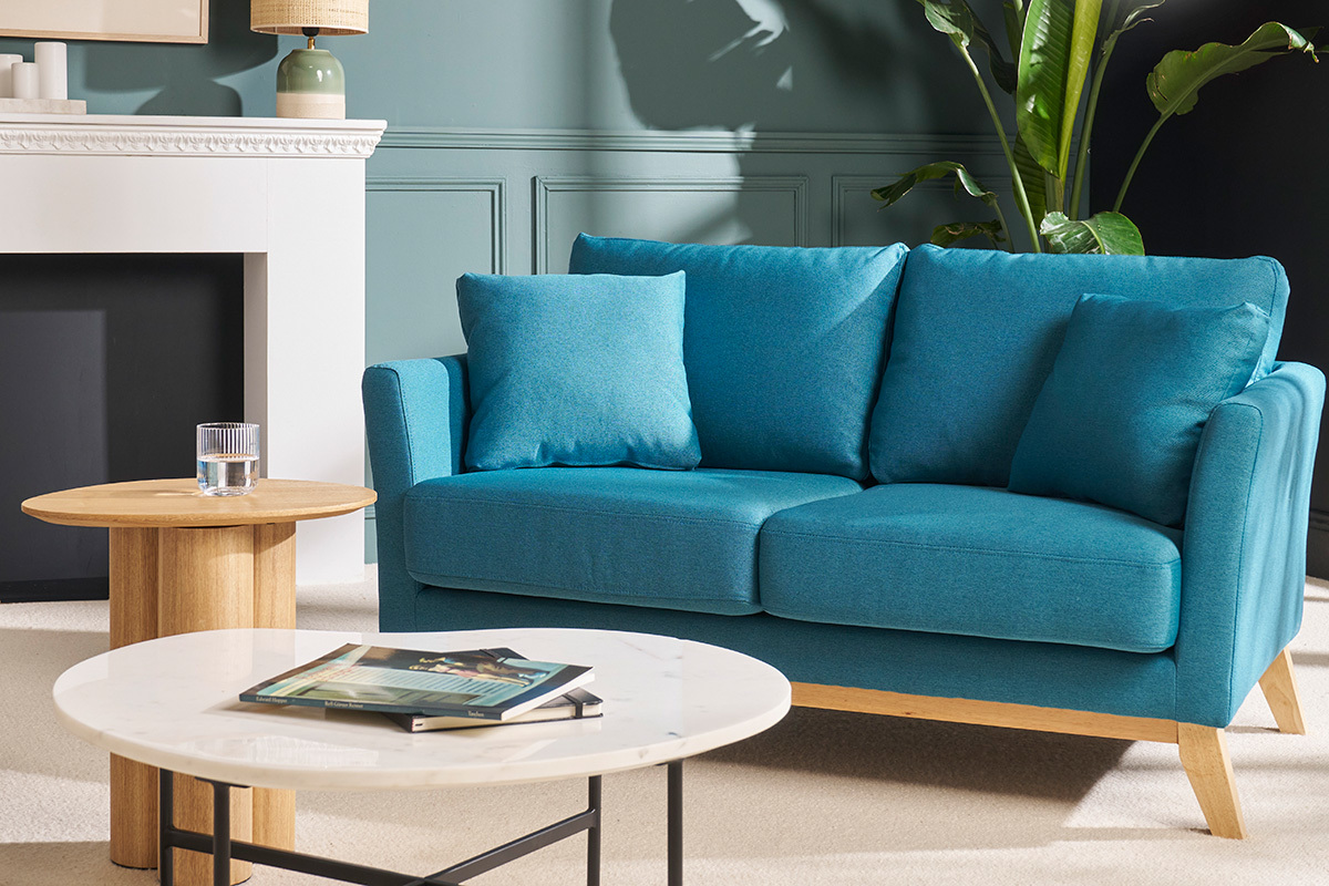 Canap scandinave dhoussable 2 places en tissu bleu canard et bois clair OSLO