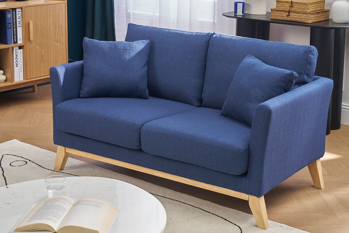 Canap scandinave dhoussable 2 places en tissu bleu fonc et bois clair OSLO