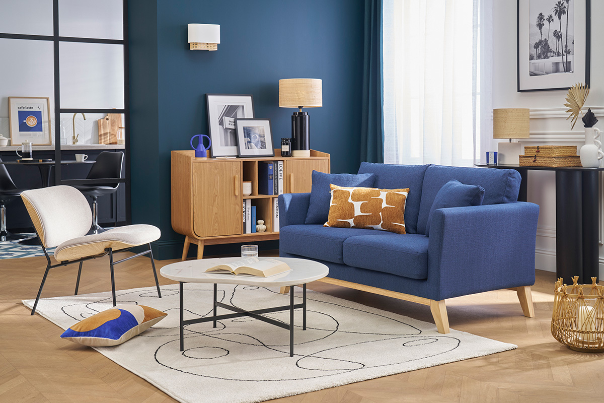 Canap scandinave dhoussable 2 places en tissu bleu fonc et bois clair OSLO