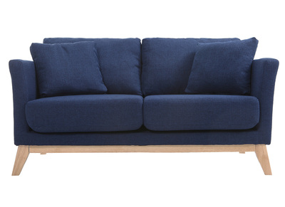 Canapé scandinave déhoussable 2 places en tissu bleu foncé et bois clair OSLO
