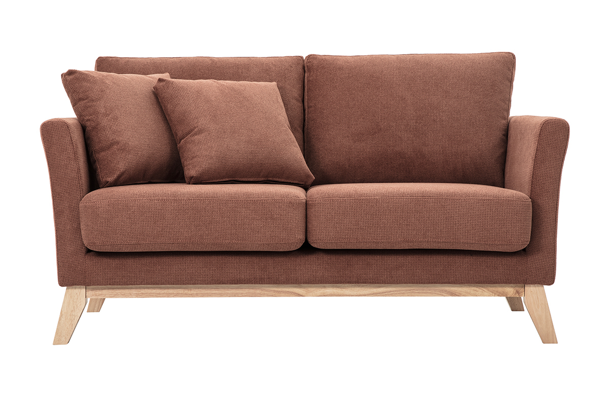Canap� scandinave d�houssable 2 places en tissu chenille terre br�l�e et bois clair OSLO