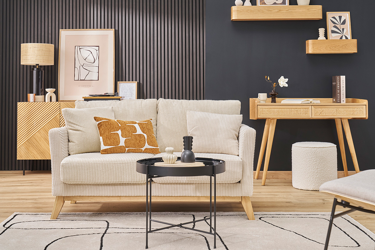 Canap� scandinave d�houssable 2 places en tissu chenille terre br�l�e et bois clair OSLO