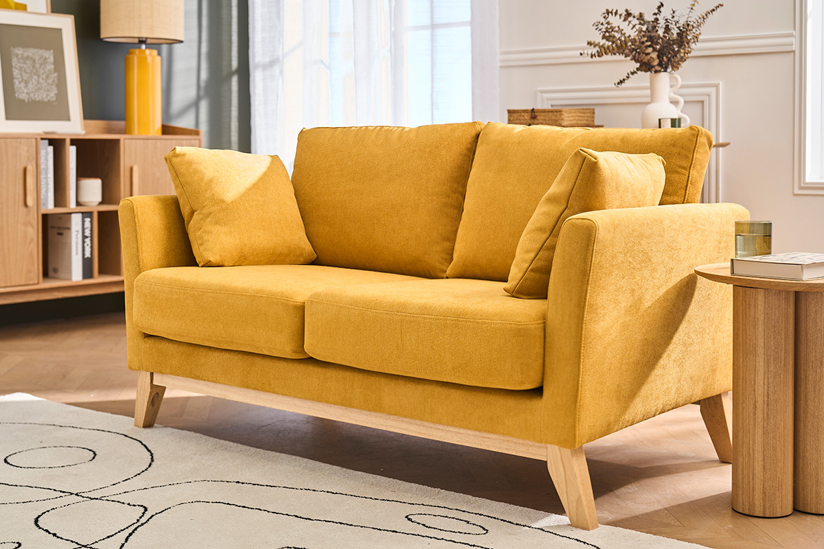 Canap� scandinave d�houssable 2 places en tissu effet velours jaune moutarde et bois clair OSLO