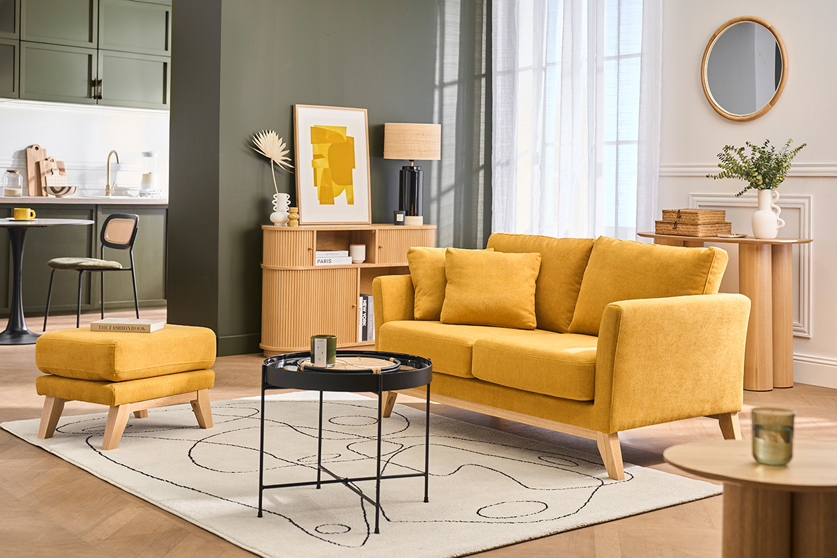 Canap� scandinave d�houssable 2 places en tissu effet velours jaune moutarde et bois clair OSLO