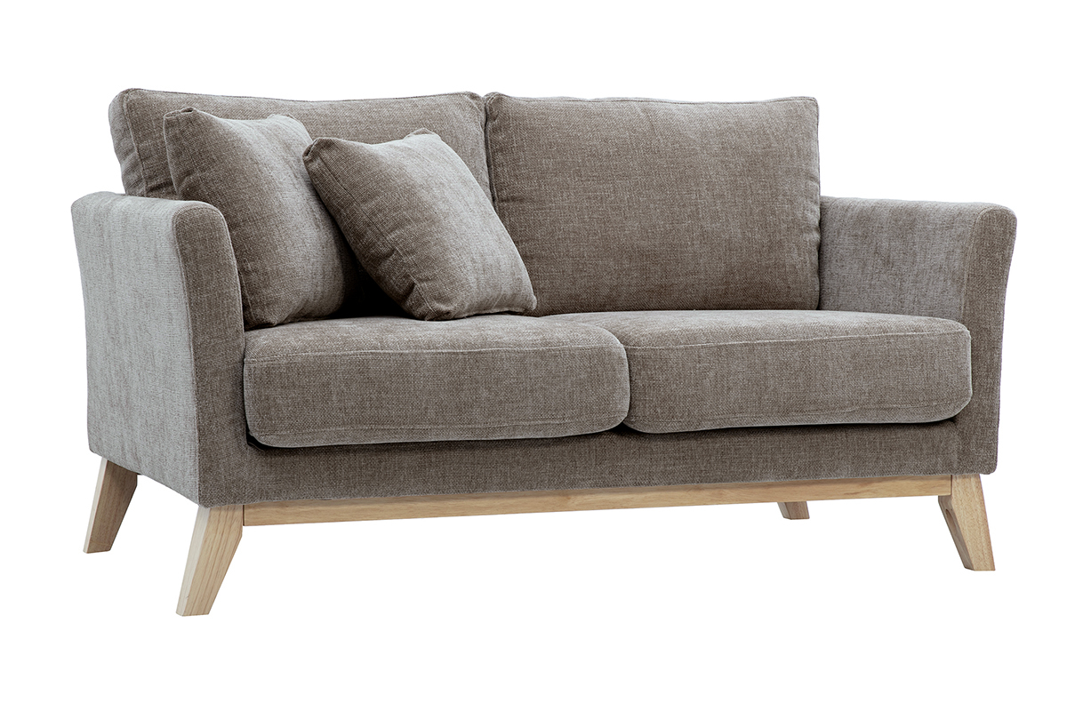 Canap scandinave dhoussable 2 places en tissu effet velours textur taupe et bois clair OSLO