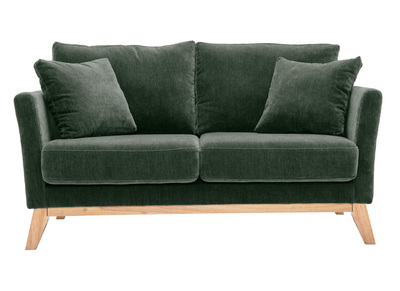 Canapé scandinave déhoussable 2 places en tissu effet velours vert kaki et bois clair OSLO