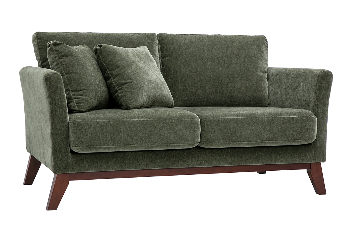 Canap� scandinave d�houssable 2 places en tissu effet velours vert kaki et bois fonc� OSLO
