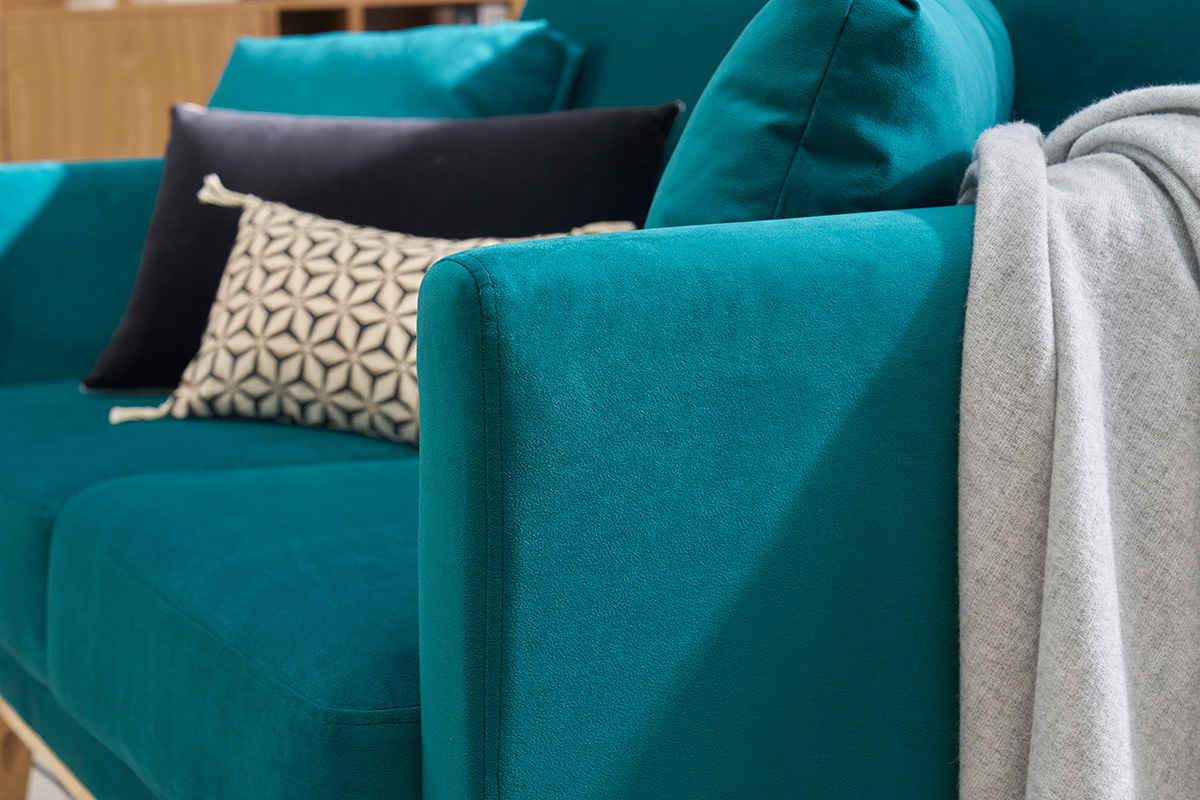 Canap scandinave dhoussable 2 places en tissu velours bleu ptrole et bois clair OSLO