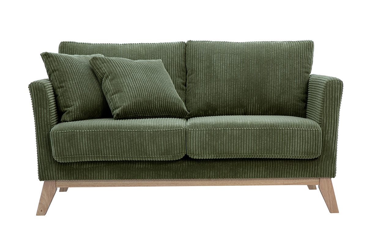Canap scandinave dhoussable 2 places en tissu velours ctel vert kaki et bois clair OSLO