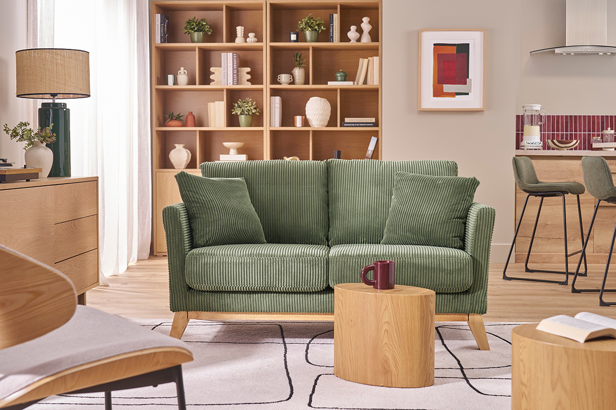 Canap� scandinave d�houssable 2 places en tissu velours c�tel� vert kaki et bois clair OSLO