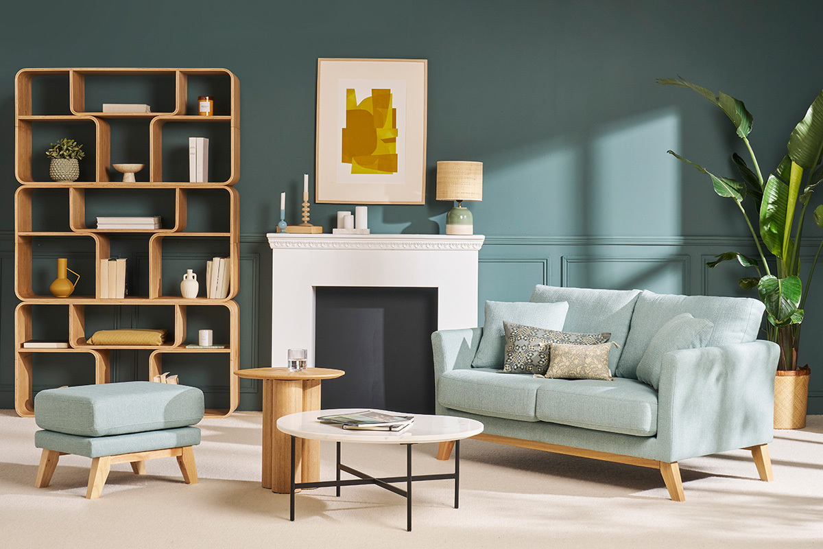 Canap scandinave dhoussable 2 places en tissu vert lagon et bois clair OSLO