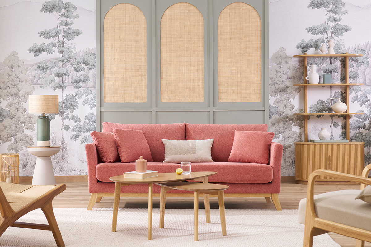 Canap scandinave dhoussable 3 places en tissu effet velours textur terracotta et bois clair OSLO