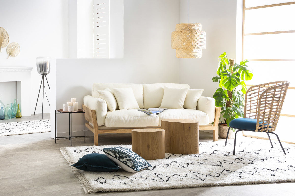 Canap scandinave dhoussable 3 places en tissu gris clair et bois clair KYO