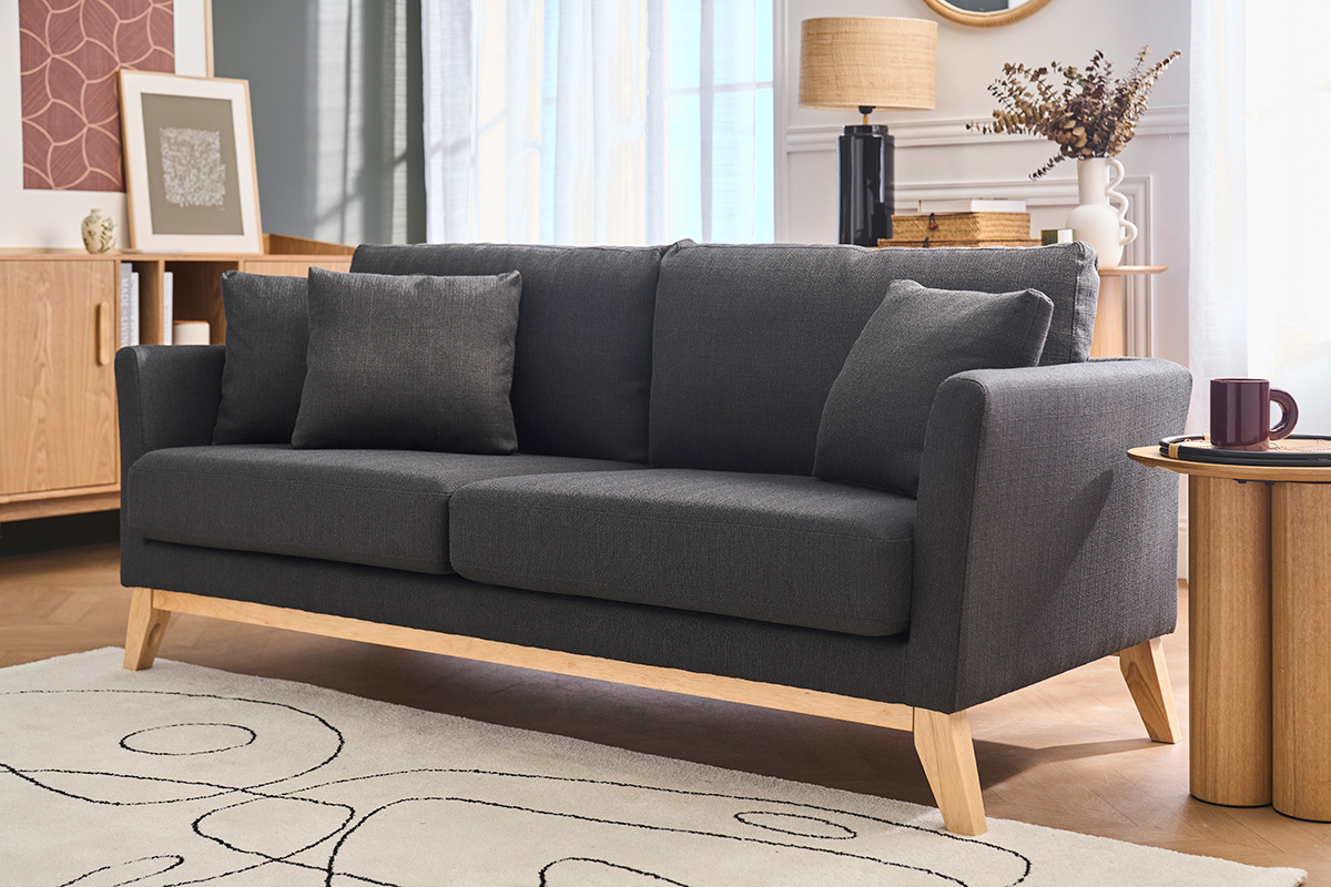 Canap� scandinave d�houssable 3 places en tissu gris fonc� et bois clair OSLO