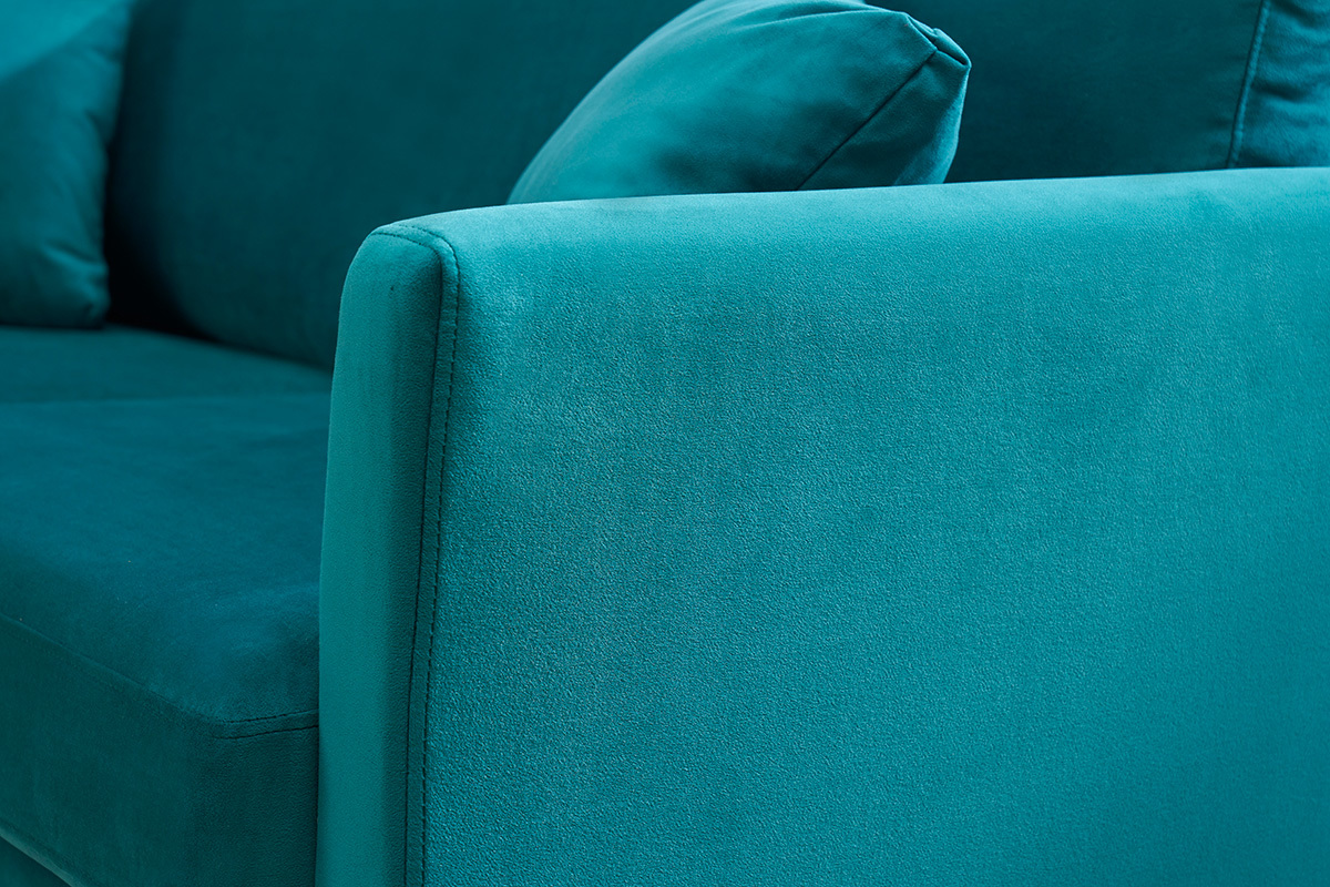 Canap� scandinave d�houssable 3 places en tissu velours bleu p�trole et bois clair OSLO