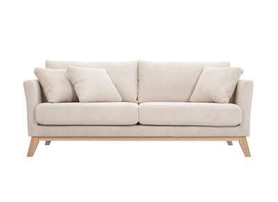 Canapé scandinave déhoussable 3 places en tissu velours côtelé beige et bois clair OSLO