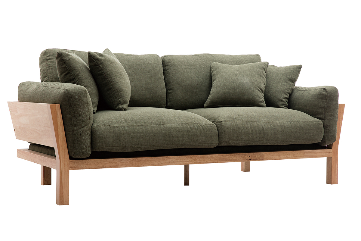 Canap scandinave dhoussable 3 places en tissu vert kaki et bois clair KYO
