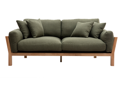 Canapé scandinave déhoussable 3 places en tissu vert kaki et bois clair KYO