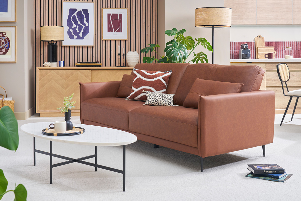 Canap� vintage 3 places cuir marron et bois fonc� DAVEN