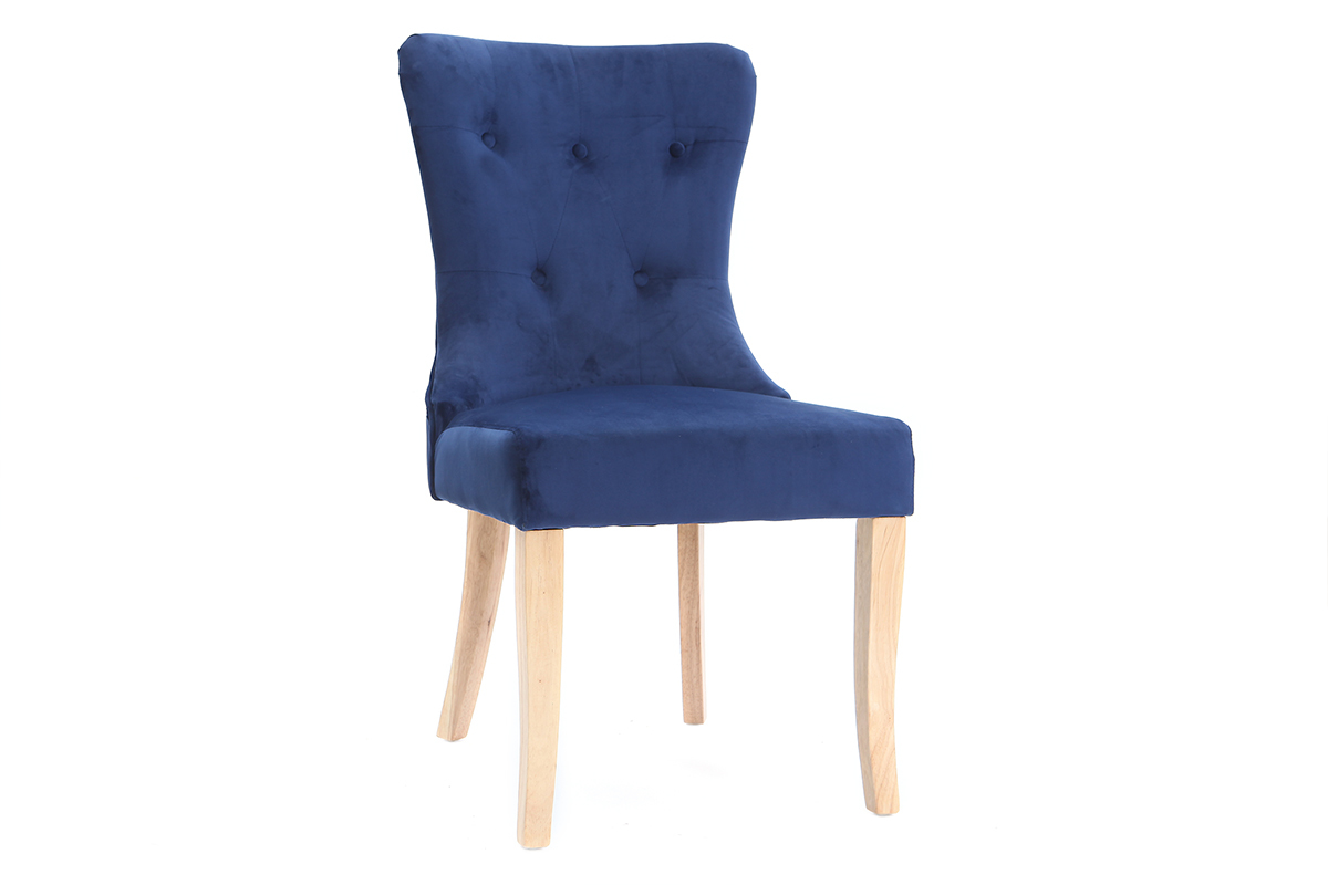 Chaise classique velours bleu fonc� pieds bois clair GUSTAVE
