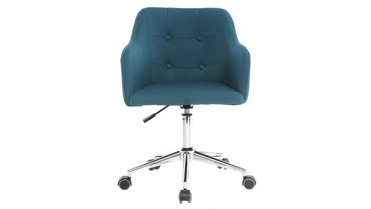 Chaise de bureau  roulettes capitonne en tissu bleu canard et acier chrom BALTIK