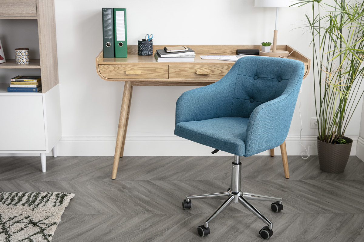 Chaise de bureau  roulettes capitonne en tissu bleu canard et acier chrom BALTIK