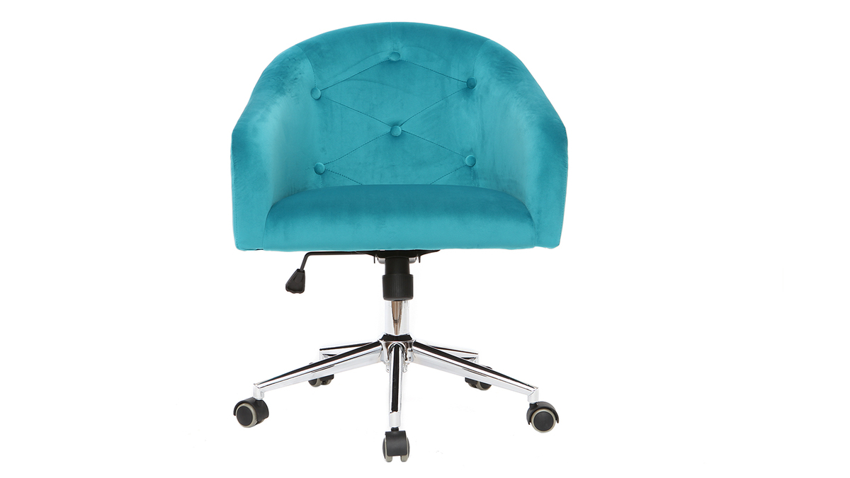 Chaise de bureau  roulettes capitonne en tissu velours bleu azur et acier chrom SHARON