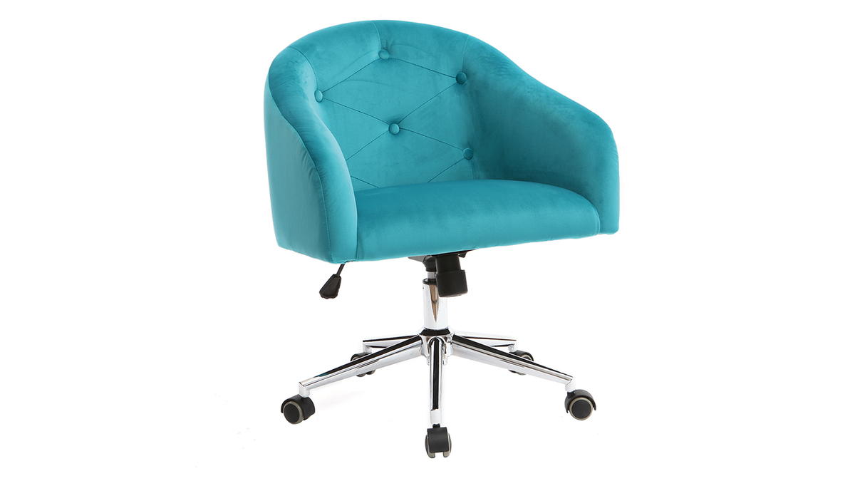Chaise de bureau  roulettes capitonne en tissu velours bleu azur et acier chrom SHARON
