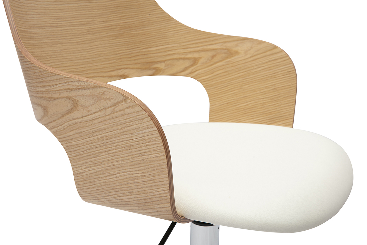 Chaise de bureau � roulettes design blanc, bois clair ch�ne et acier chrom� JANET