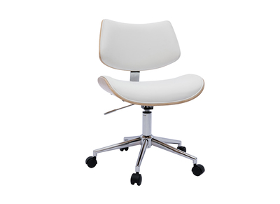 Chaise de bureau à roulettes design blanc, bois clair chêne et métal MALMO