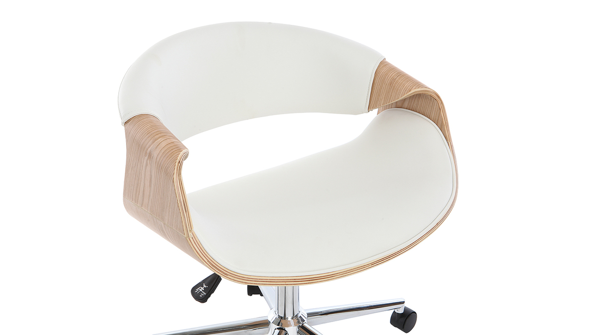 Chaise de bureau  roulettes design blanc, bois clair et acier chrom ARAMIS