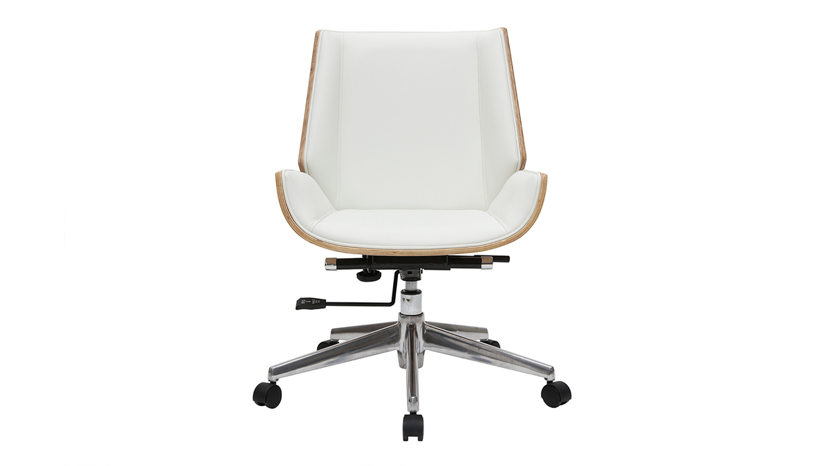 Chaise de bureau à roulettes design blanc, bois clair et acier chromé CURVED