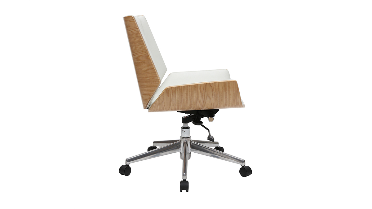 Chaise de bureau à roulettes design blanc, bois clair et acier chromé CURVED
