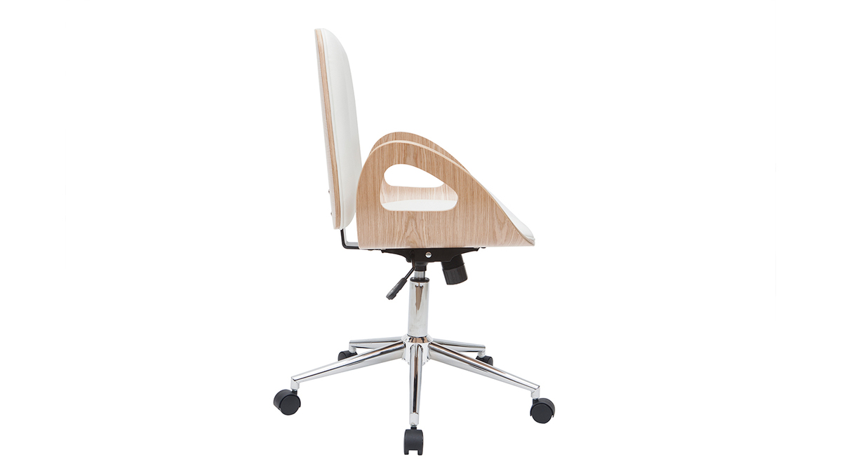 Chaise de bureau  roulettes design blanc, bois clair et acier chrom GLORY