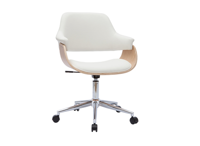 Chaise de bureau à roulettes design blanc, bois clair et acier chromé HANSEN
