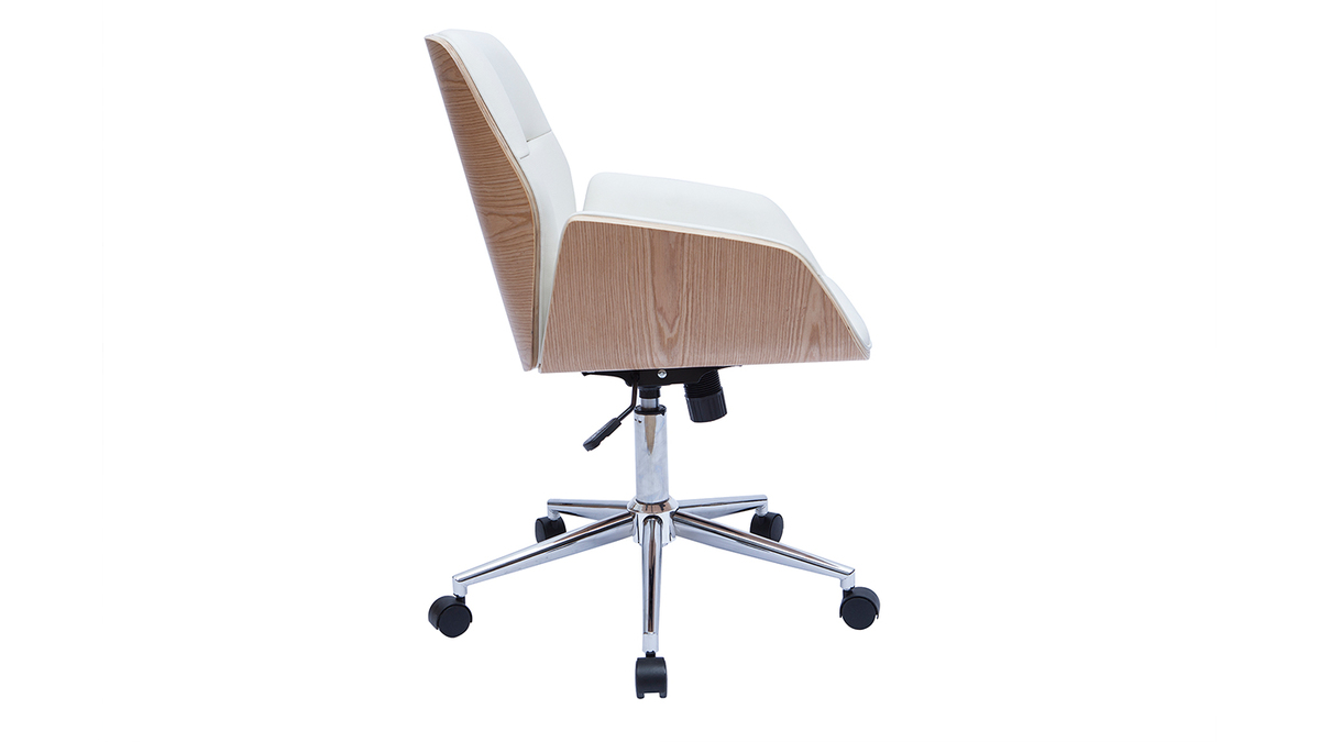 Chaise de bureau  roulettes design blanc, bois clair et acier chrom  MARLOW
